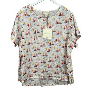 Cynthia Rowley 100% Linen NWT Novelty Sailboat Print High Low Hem Top 1X NEW